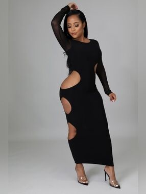 Akira Full Length Long Sleeve Black Maxi Dress - Bodycon Keyhole Side Cut-Outs